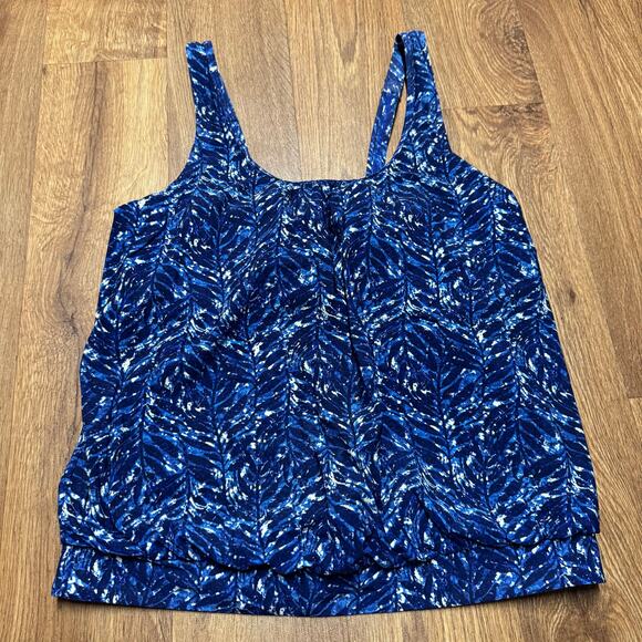 LL Bean Womens Blue Leaf Patterned Tankini Swim Top Size 10 UPF 50+ Molded Cups - Picture 1 of 7